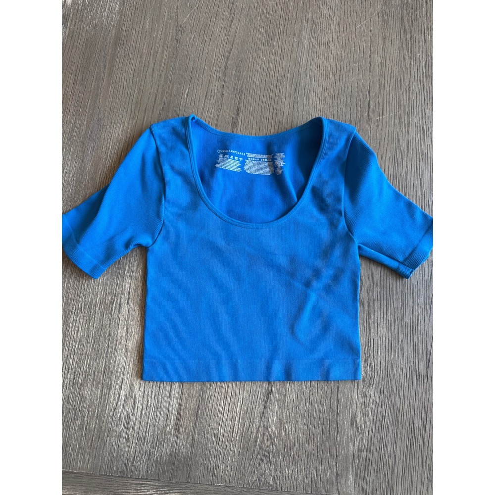 Primark Cares Blue Crop‎ Top Short Sleeve Scoop Neck Ribbed Knit size small